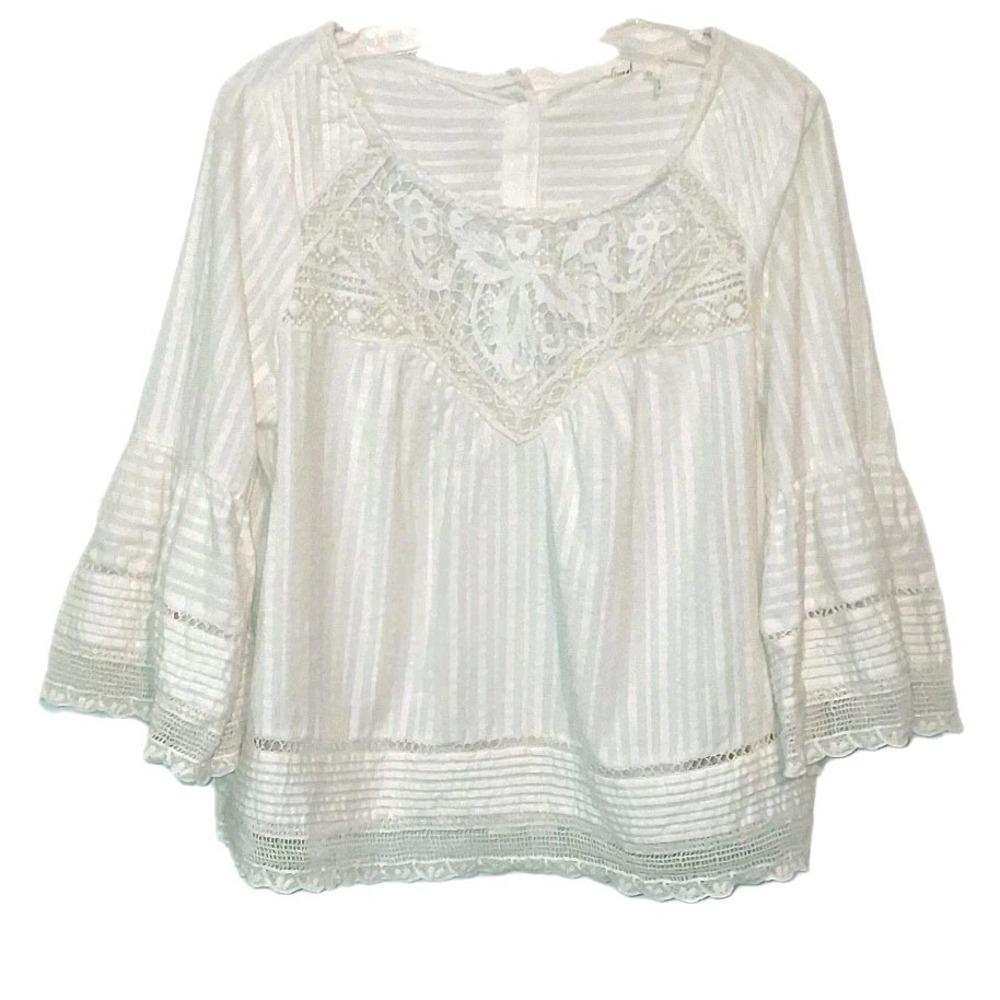 Floreat Anthropologie 100% Cotton Blouse Size 6 Ivory Boho Lace Pleated Crotchet